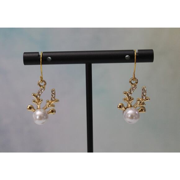 Gold Tone Reindeer Antlers with Glass Pearl Face Earrings E157 - Picture 2 of 2